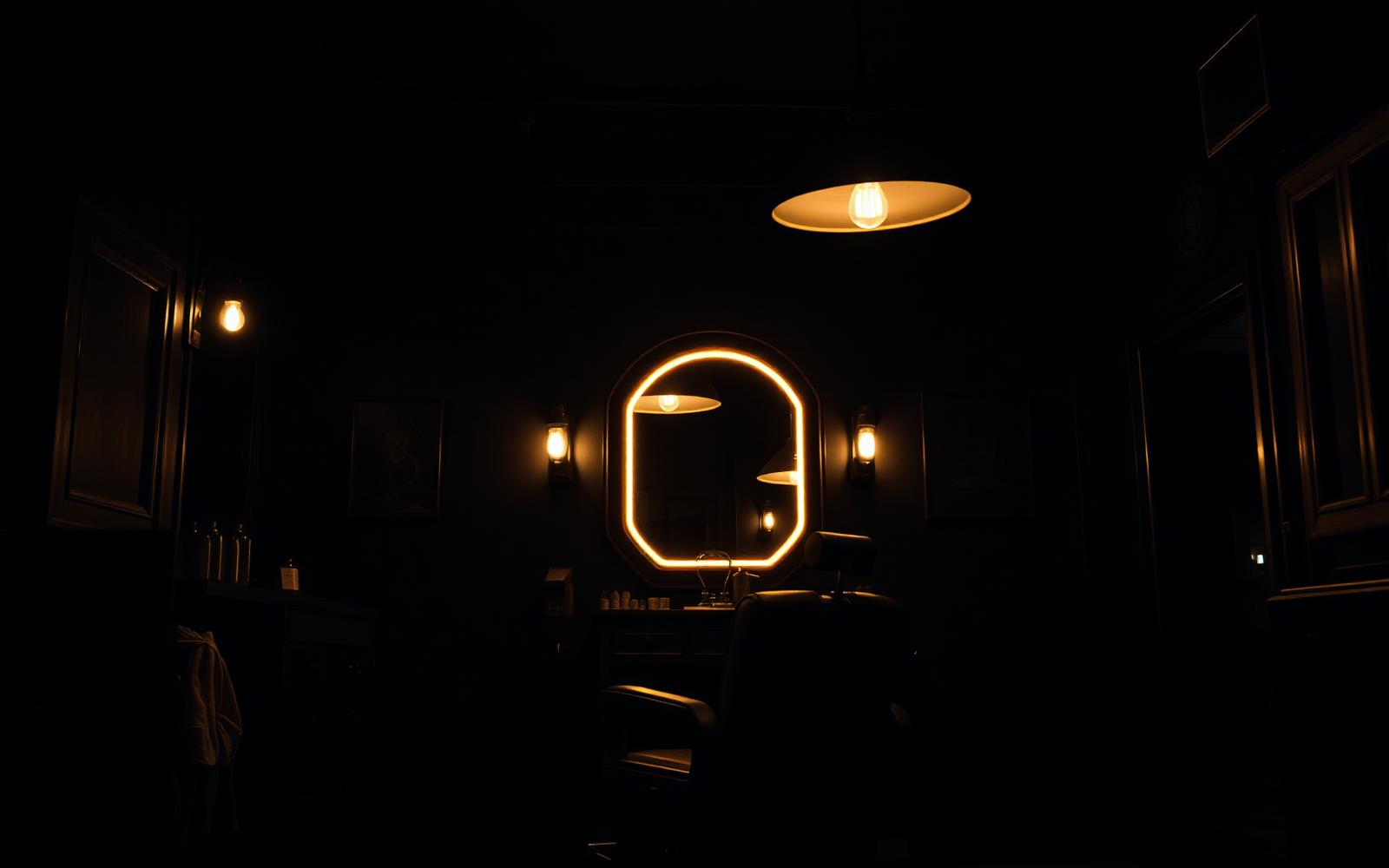 Dark barbershop interior lit by warm brass lamps
